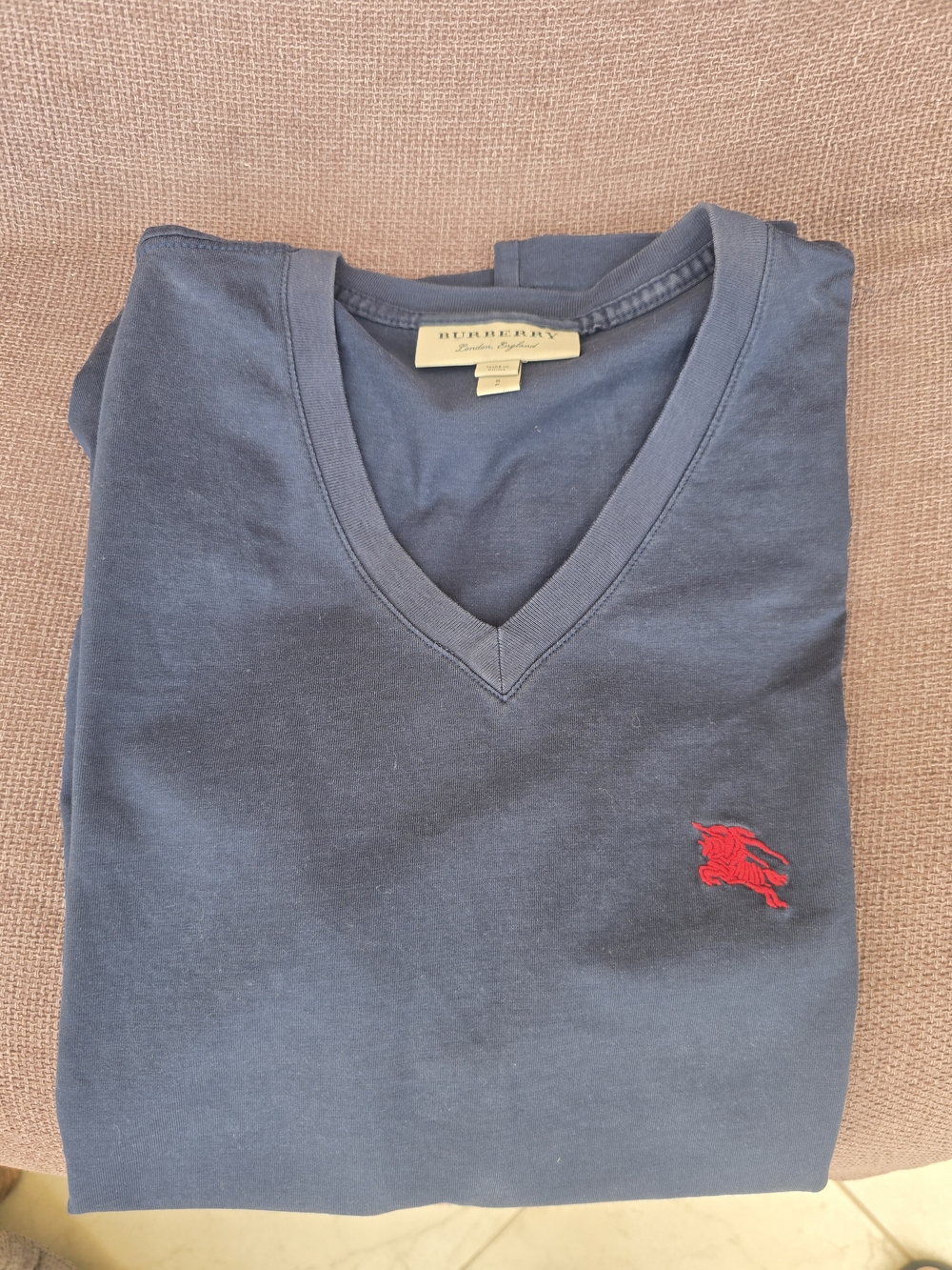 Burberry Navy V-Neck Short Sleeve Tee with Red Pony Emblem